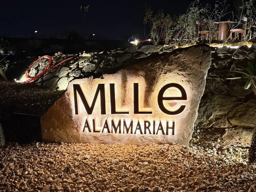 أحرف MLLE العمارية بإضاءة خلفية مثبتة على صخرة طبيعية ليلاً